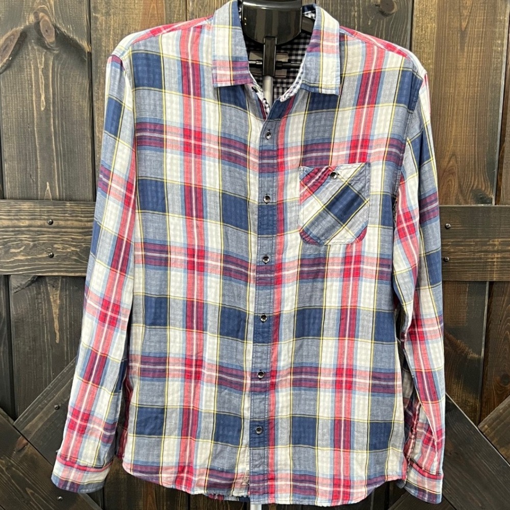 Flag &‎ Anthem Blue Red Plaid Flannel Button Up Top L 100% Cotton Casual Preppy